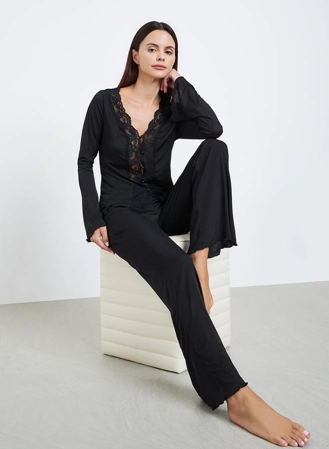 Styli Tie Front Lace Detail Trim Long Sleeve Top and Pyjama Set