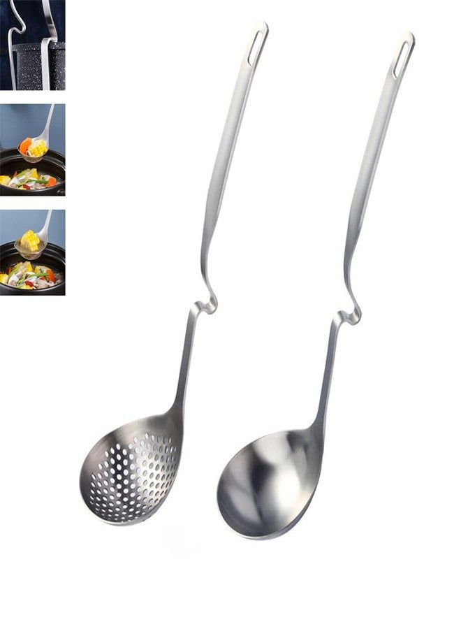 ZDFQly 304 Stainless Steel Soup Ladle Hot Pot Ladle Strainer Scoops Set for Cooking, Serving, Soups, Sauces, Stews and More, Silver, 12-Inch (2 Pieces) - Image 1