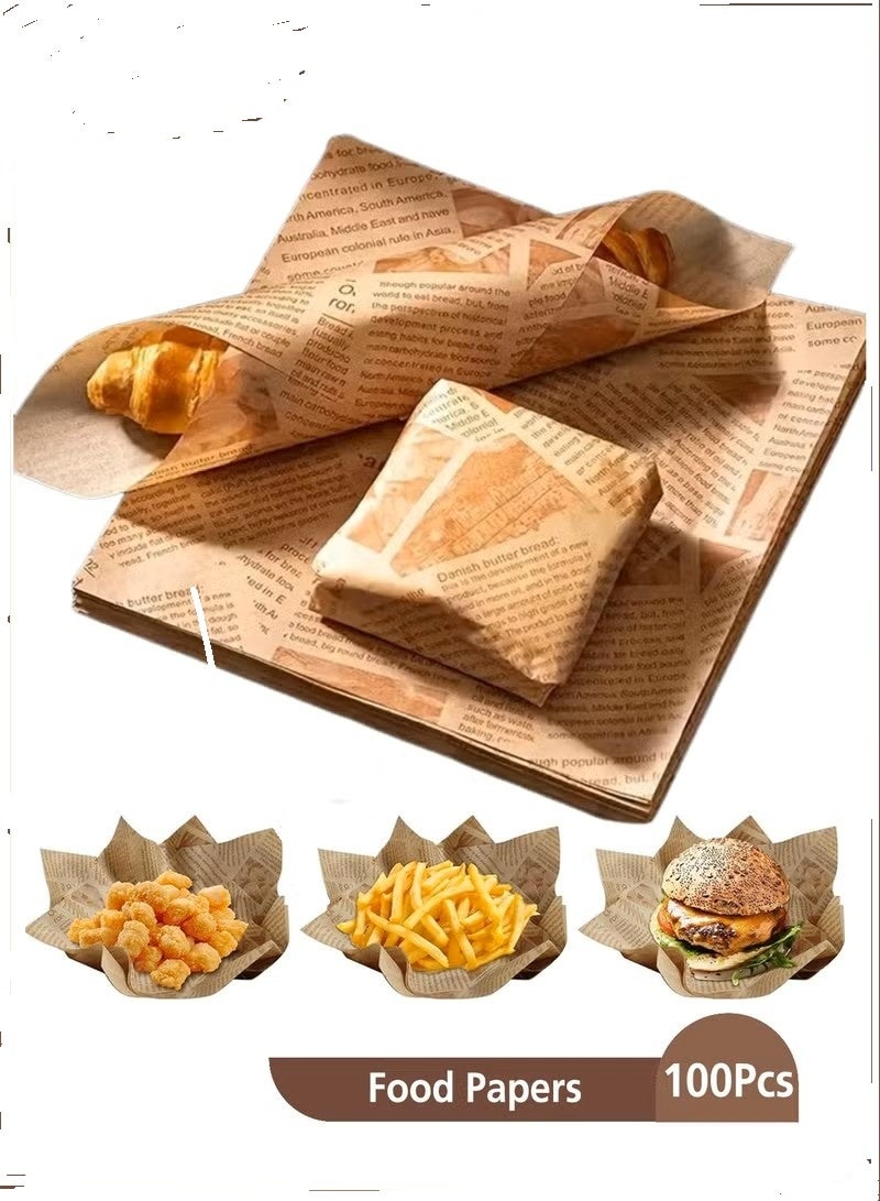 100 Pcs Deli Wax Paper Sheets for Food Basket Liners 15 x 15cm  Old Newspaper Style Printed Greaseproof Deli Paper for Wrapping Breads Burgers French Fries Sandwiches (Brown) - Image 1