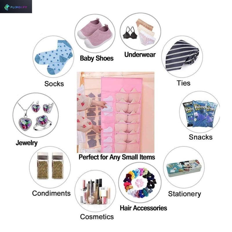 FLOMBIFY FLOMBIFY JA4 12 Front 24 Back Grid Organizer for Undergarments Women Bra and Underwear Hanging Storage Organizer Mesh Pockets Dual Sided Wall Shelves Space Saver Bag Sock Underpants Drawer Closet  - Image 3