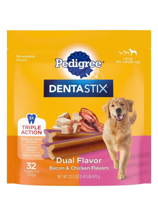 Pedigree Dentastix Dual Flavor Large Dog Dental Treats, Bacon & Chicken Flavors Dental Bones, 1.47 Lb. Pack (32 Treats)  - Image 1