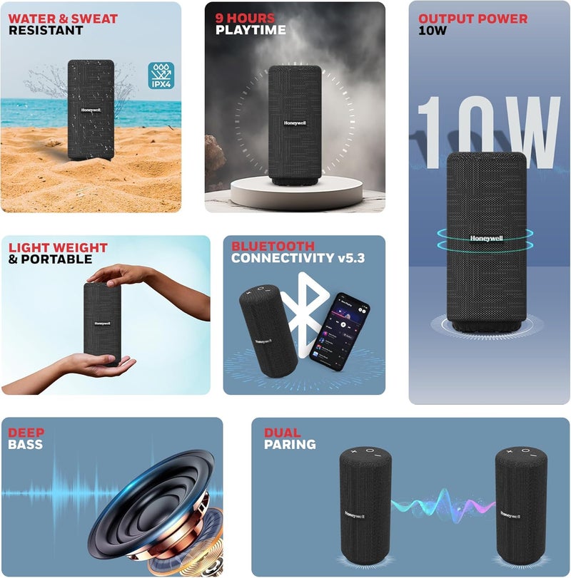 Honeywell Suono P300 10W 5.3 Bluetooth Speaker,9H Playtime, Deep Bass,IPX 4,TWS Feature,Fast Charging,SD Card,USB,AUX,Built-In Mic and 52mm Drivers,2 Years Manufacturer Warranty - Black - Image 5