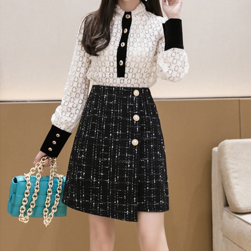 Womens Skirt 2024 Autumn and Winter Outer Wear High Waist Plaid Hip Wrap Chanel Style Irregular A- Shaped Hip Covering Slimming Skirt Black 