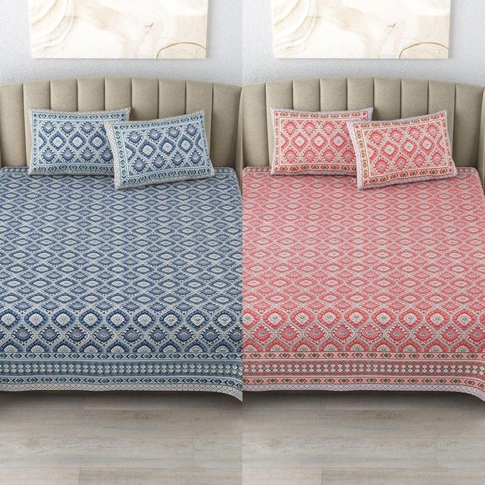 SINCE 1997 100 COTTON 300 TC PREMIUM KING SIZE BEDSHEET FOR DOUBLE BED 90 X 108 INCH COMBO WITH 2 PILLOW COVERS SET 17 X 27 INCH DESIGNER PRINTED BEDSHEET SET IKAT REDIKAT BLUE