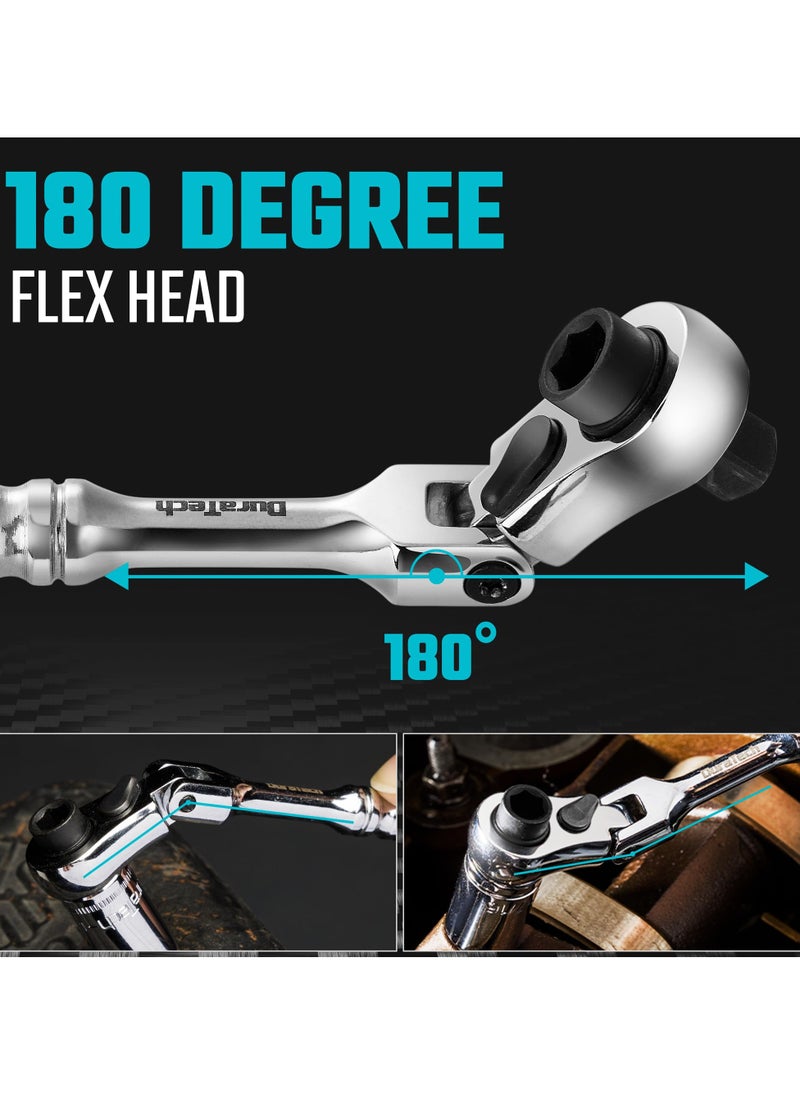 SYOSI SYOSI 1/4 Inch Drive Ratchet Handle, 72-Tooth Multifunctional Socket & Bit Driver, 2 in 1 Flex Head Ratchet with Reversible Switch, Alloy Steel Full-Polished Chrome Plating Socket Wrench  - Image 4