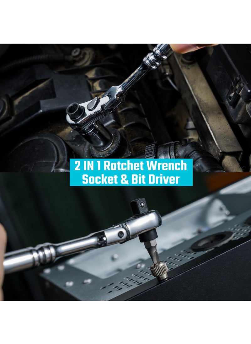 SYOSI - SYOSI 1/4 Inch Drive Ratchet Handle, 72-Tooth Multifunctional Socket & Bit Driver, 2 in 1 Flex Head Ratchet with Reversible Switch, Alloy Steel Full-Polished Chrome Plating Socket Wrench - Image 1