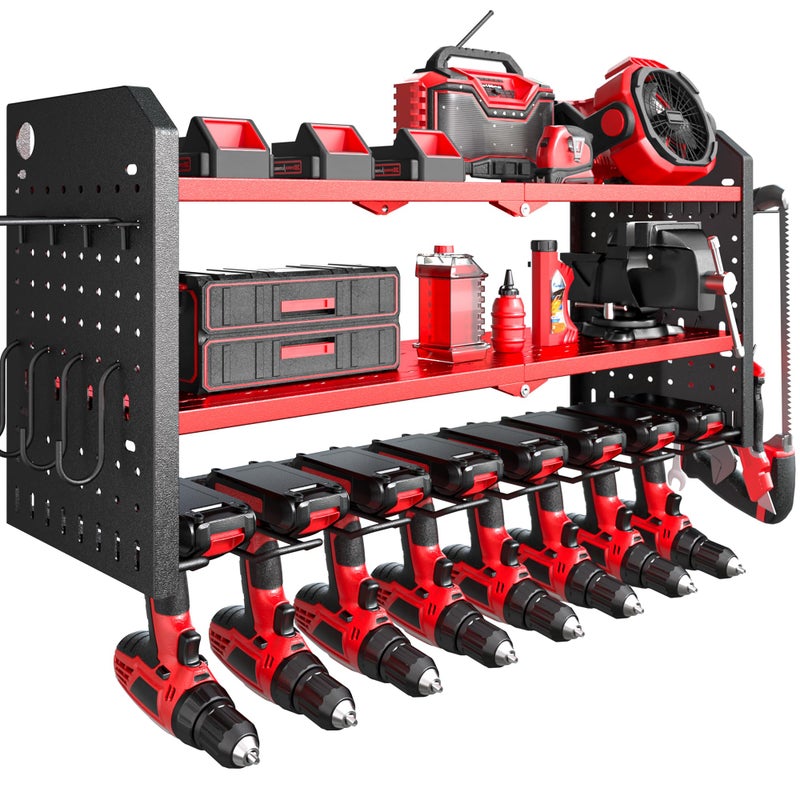 Nacial Power Tool Organizer Wall Mount 8 Drill Holder Wall Mount with 3 Layer Cordless Drill Holder Heavy Duty Tool Rack with 12 Hooks Power Tool Storage for Garage Organization Fathers Day Gifts