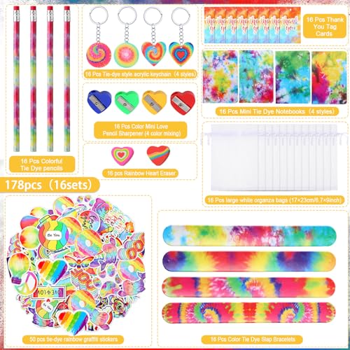 Qilery 178 Pcs Tie Dye Party Favors Bulk Tie Dye Gifts for Kids Classroom Stationery Set with Slap Bracelets Mini Notebooks Pencils Heart Eraser Keychains Gifts for School Students Birthday Class Rewards - Image 5