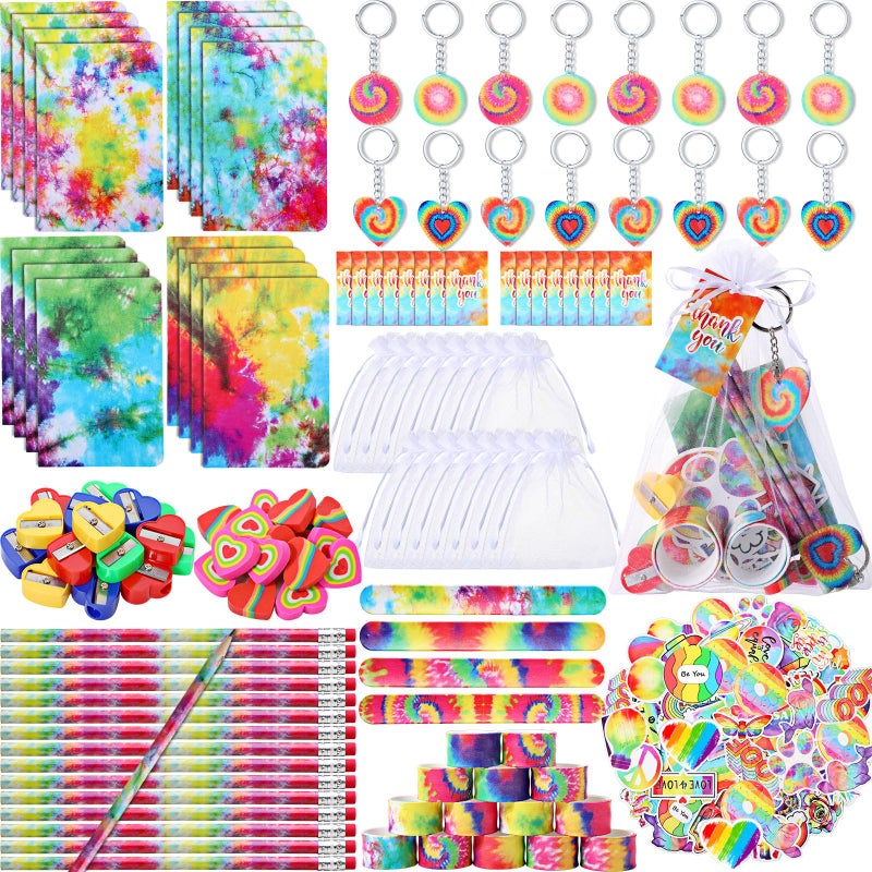 Qilery 178 Pcs Tie Dye Party Favors Bulk Tie Dye Gifts for Kids Classroom Stationery Set with Slap Bracelets Mini Notebooks Pencils Heart Eraser Keychains Gifts for School Students Birthday Class Rewards - Image 3