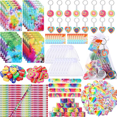 Qilery 178 Pcs Tie Dye Party Favors Bulk Tie Dye Gifts for Kids Classroom Stationery Set with Slap Bracelets Mini Notebooks Pencils Heart Eraser Keychains Gifts for School Students Birthday Class Rewards - Image 1