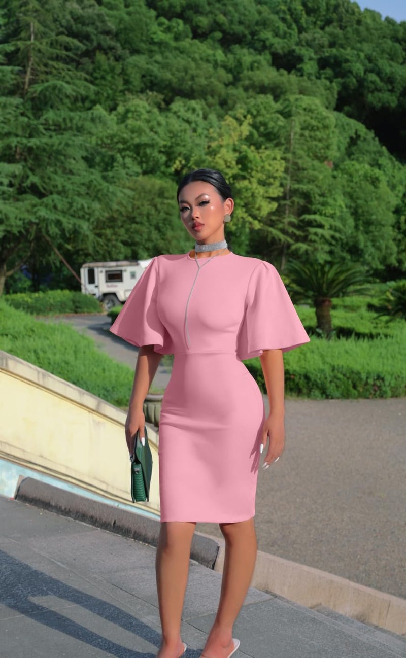 Memoriesea Women's Basic Bodycon Ruffle Flared Short Sleeve Pencil Midi Dress Pink - Image 2