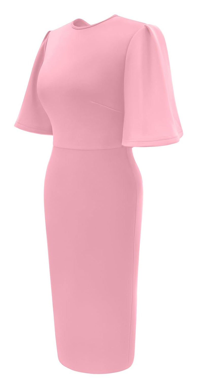 Memoriesea Women's Basic Bodycon Ruffle Flared Short Sleeve Pencil Midi Dress Pink - Image 4