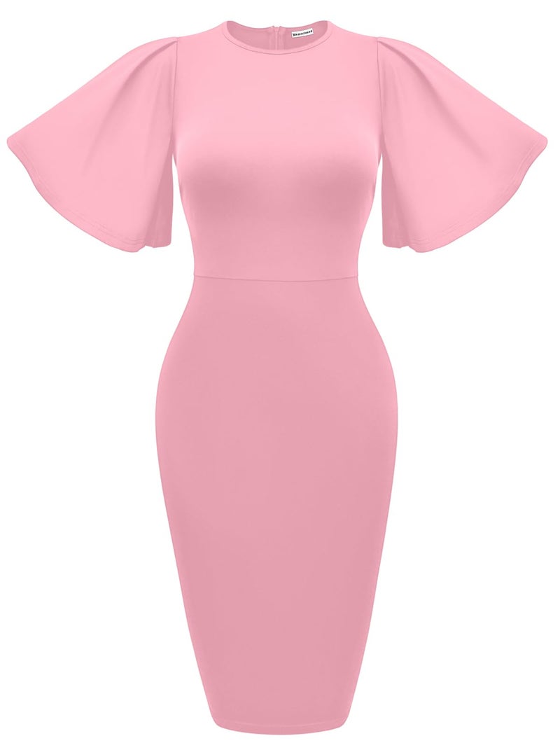 Memoriesea Women's Basic Bodycon Ruffle Flared Short Sleeve Pencil Midi Dress Pink - Image 1