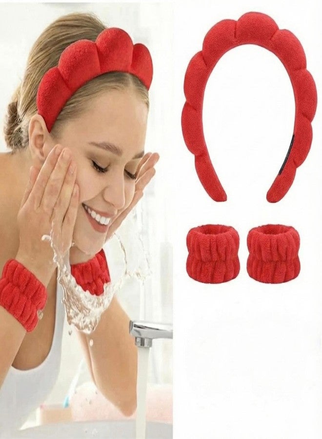 Radhya Accessories Spa Headband Wristband Combo Set, Elastic Hair Band for Women Stylish, Microfiber Face Wash Hairband Flower Hair Claw Wrist Wash Bands for Face Washing, Makeup, Yoga, Fitness (Pack of 4) (Red) - Image 5