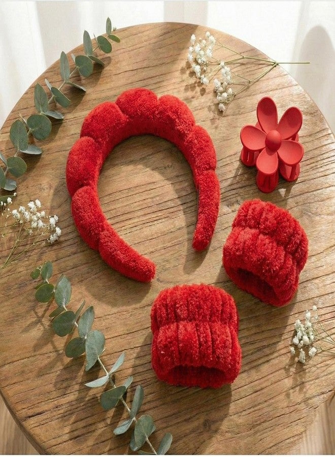 Radhya Accessories Spa Headband Wristband Combo Set, Elastic Hair Band for Women Stylish, Microfiber Face Wash Hairband Flower Hair Claw Wrist Wash Bands for Face Washing, Makeup, Yoga, Fitness (Pack of 4) (Red) - Image 3
