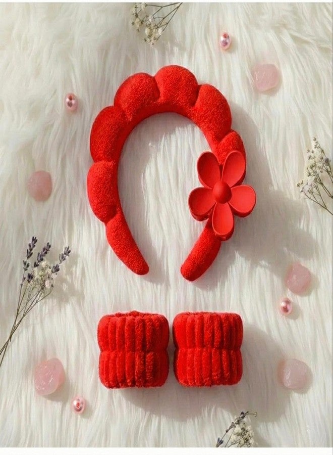 Radhya Accessories Spa Headband Wristband Combo Set, Elastic Hair Band for Women Stylish, Microfiber Face Wash Hairband Flower Hair Claw Wrist Wash Bands for Face Washing, Makeup, Yoga, Fitness (Pack of 4) (Red) - Image 2