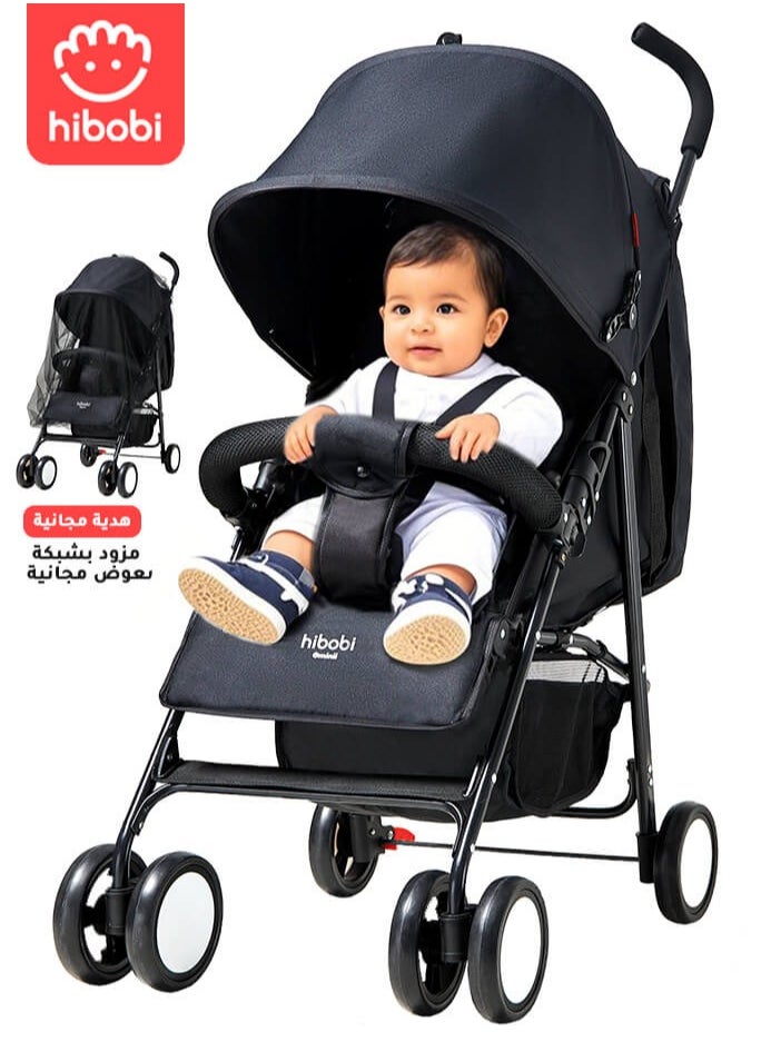 hibobi Lightweight Baby Stroller with Mosquito Net – Foldable and Travel-Friendly-Black  - Image 1