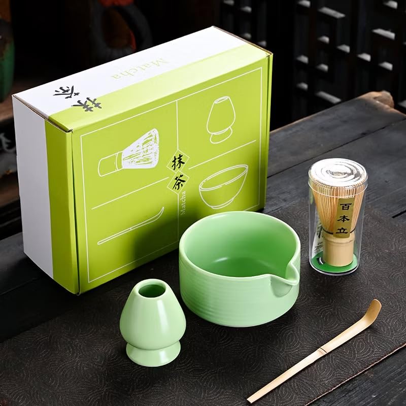 Flavoma Japanese Handmade Bamboo Matcha Whisk Sets of 4 (Match Brush Japanese Style) + Traditional Scoop (Chashaku) + Ceramic Tea Bowl + Ceramic Tea Whisk Holder, Prepare a Traditional Cup of Matcha - Image 1