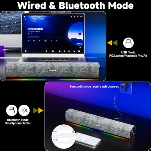 SOULION R100 Bluetooth Computer Speakers with Dynamic LED Light, USB Plug & Play PC Speakers with Switch Button, Clearly Sound Soundbar for Desktop Laptop Monitor(USB-C to USB Adapter Included) - Image 4