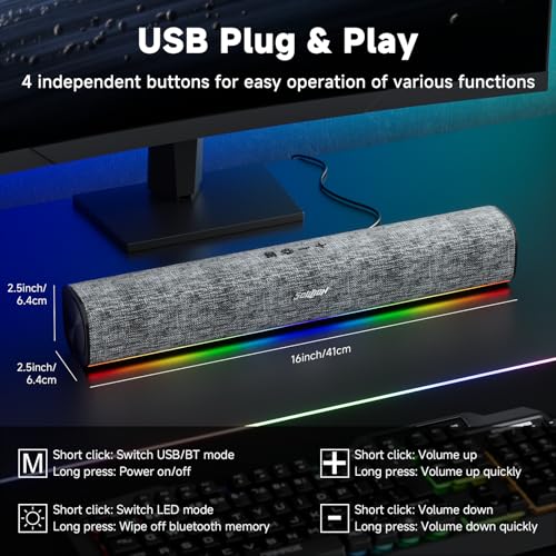 SOULION R100 Bluetooth Computer Speakers with Dynamic LED Light, USB Plug & Play PC Speakers with Switch Button, Clearly Sound Soundbar for Desktop Laptop Monitor(USB-C to USB Adapter Included) - Image 2