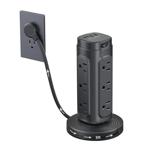 TROND Retractable Power Strip Tower - Flat Plug Surge Protector Power Strip with USB C PD 20W, 5ft Extension Cord with Multiple Outlets, 1700 Joules, Office Desk Supplies, Dorm Room Essentials, Black - Image 1