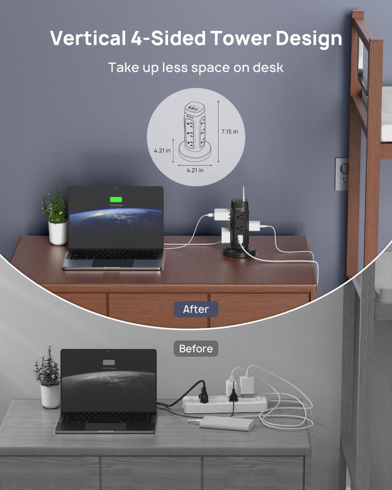 TROND Retractable Power Strip Tower - Flat Plug Surge Protector Power Strip with USB C PD 20W, 5ft Extension Cord with Multiple Outlets, 1700 Joules, Office Desk Supplies, Dorm Room Essentials, Black - Image 4