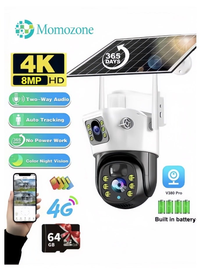 Momozone كاميرا شمسية 4K بدقة 8 ميجابكسل مع اتصال 4G وكاميرات PTZ خارجية بعدستين وكاميرا IP لوحة شمسية CCTV للأمان مع بطارية مدمجة وحساس PIR (مع بطاقة SD سعة 64 جيجابايت) - Image 1