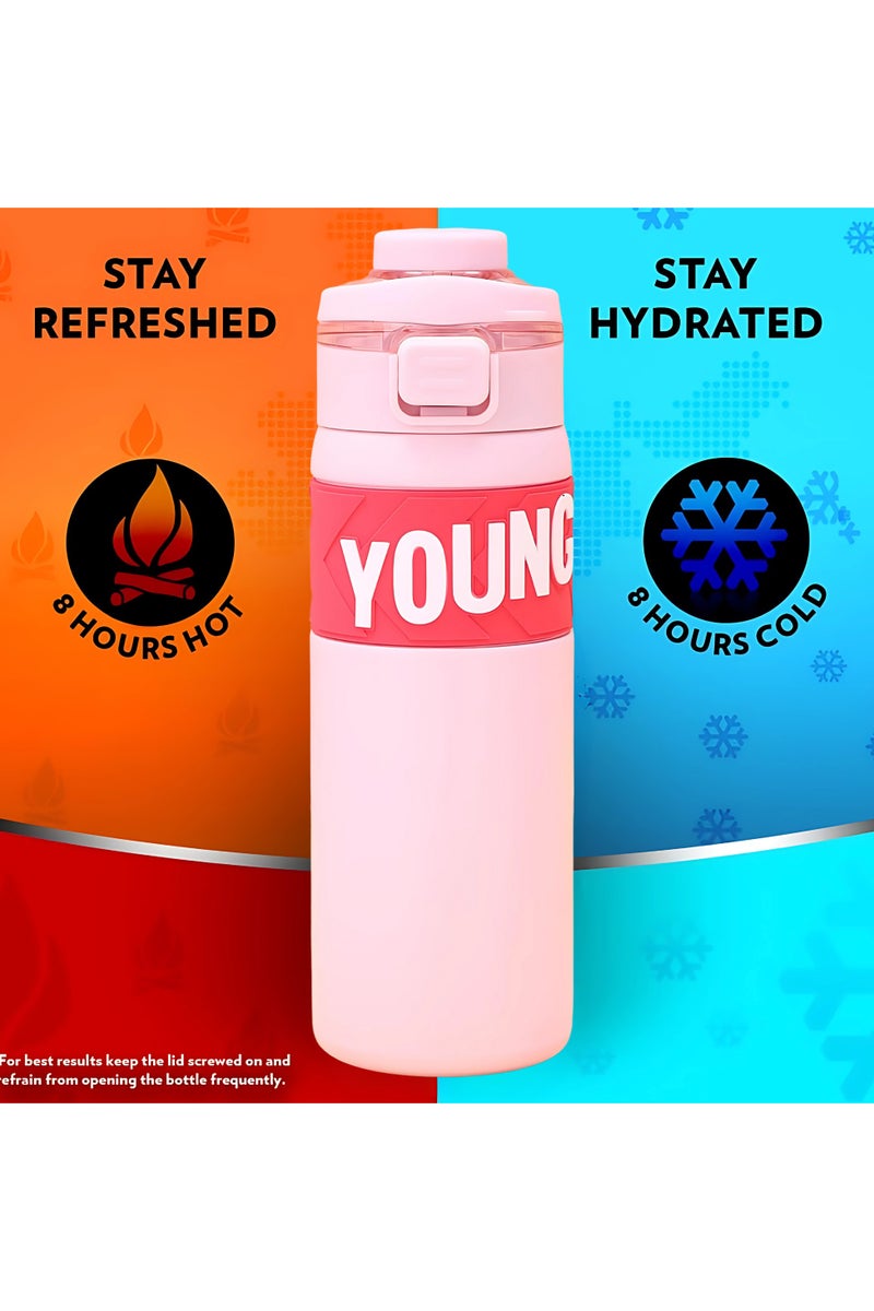 Mobcos 304 Stainless Steel Double Wall Vacuum Insulated Cup with Bounce Lid Straw 650ml Hiking Sports Water Bottle (Pink) - Image 2