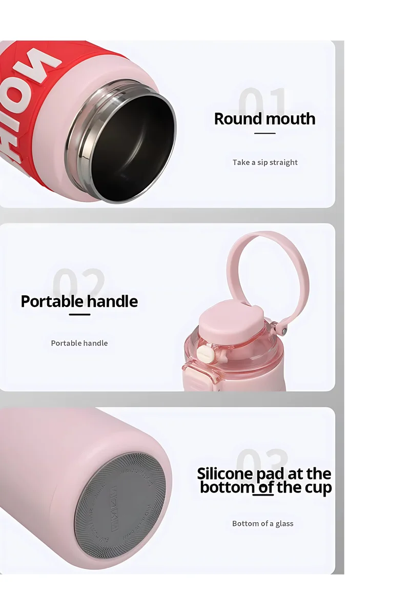 Mobcos 304 Stainless Steel Double Wall Vacuum Insulated Cup with Bounce Lid Straw 650ml Hiking Sports Water Bottle (Pink)
