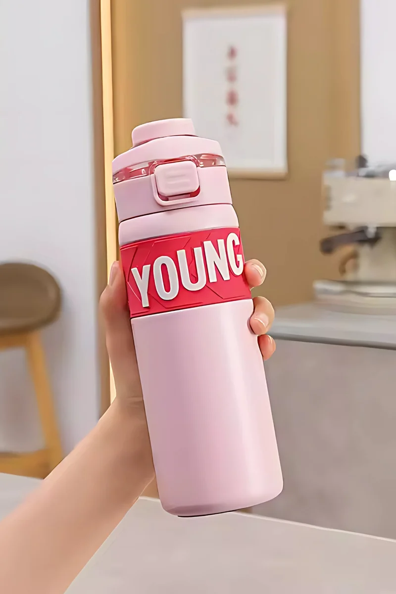 Mobcos 304 Stainless Steel Double Wall Vacuum Insulated Cup with Bounce Lid Straw 650ml Hiking Sports Water Bottle (Pink)