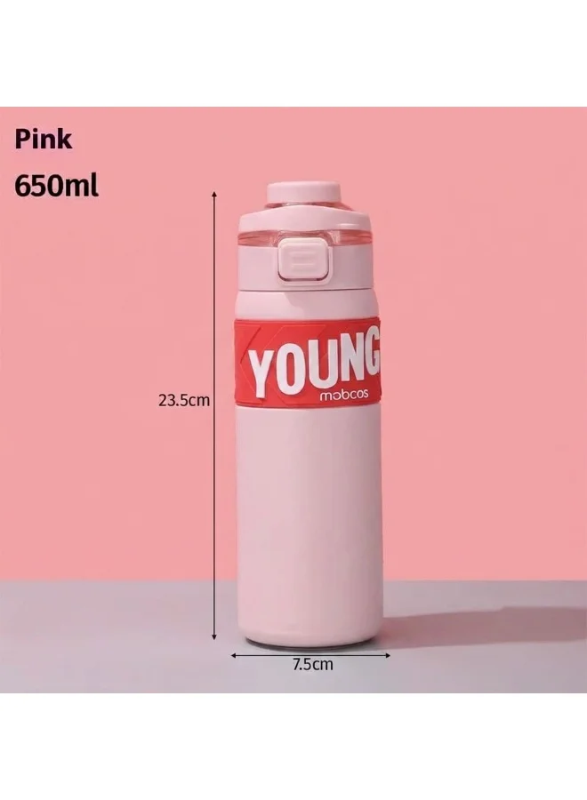 Mobcos pink 304 Stainless Steel Double Wall Vacuum Insulated Cup with Bounce Lid Straw 650ml Hiking Sports Water Bottle (Pink)  | Best Price UAE