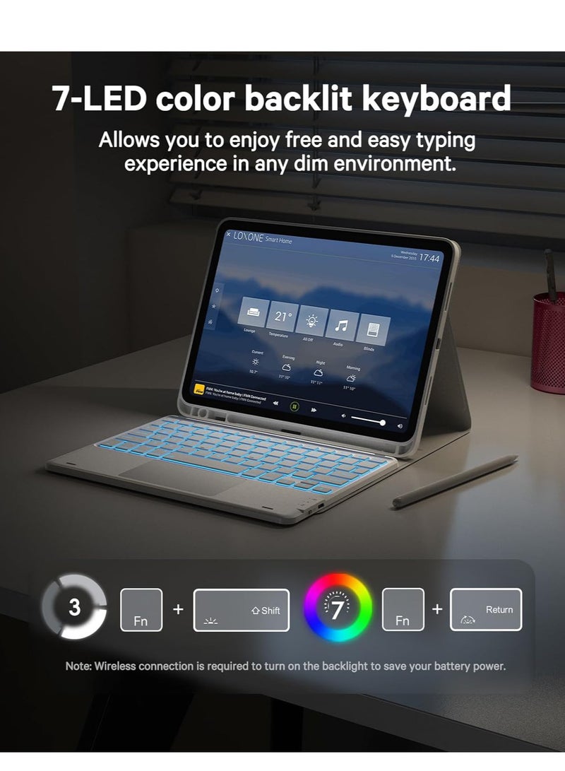 Arabic/English Keyboard Case for iPad (A16) 11th/10th Gen (2025/2022), 7-Color Backlight, Multi-Touch Trackpad, Flip Stand Case with Pencil Holder, 2 Bluetooth Channels - Image 4