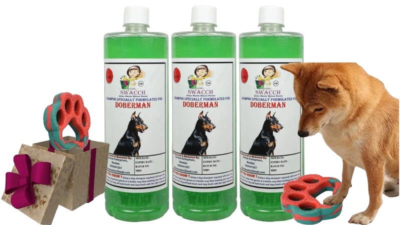 swacch Doberman Dog Shampoo + Paw Shape I Rubber Dog Toy for Training and Interactive I Durable & Safe I Combo Pack I 3 Litre Neem Alovera - Image 1
