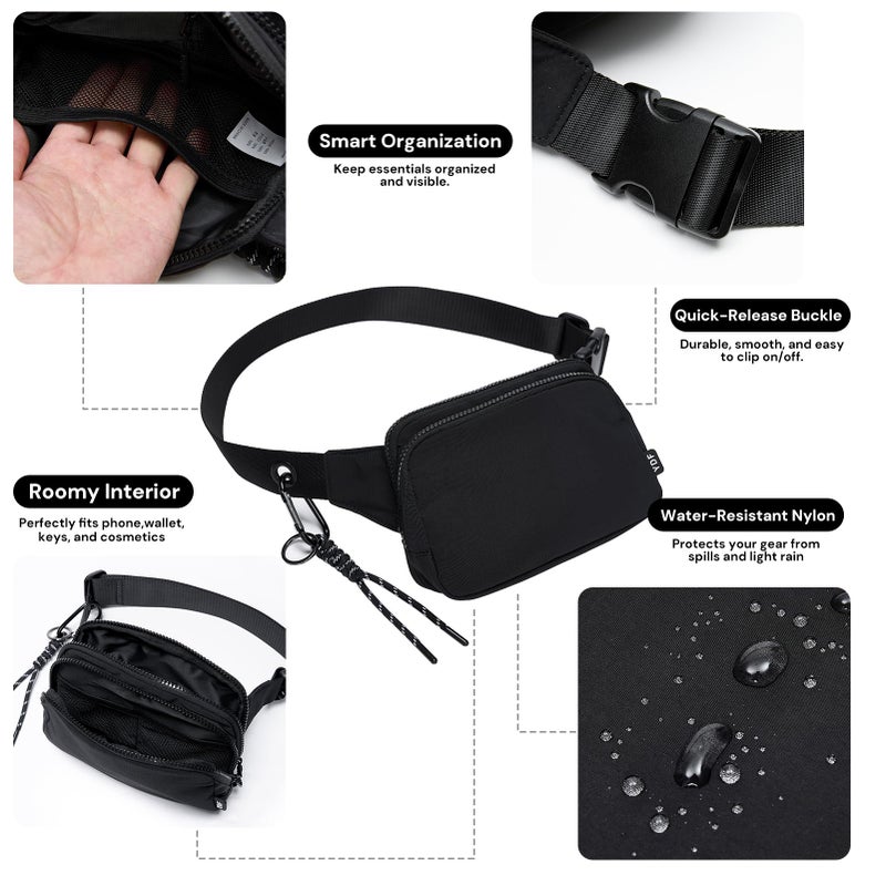 YDF Large Fanny Pack for Men & Women, 2L Waterproof Nylon Waist Bag with Extender Strap, Crossbody Hip Bum Bag with 4 Card Slots for Travel Hiking Running (Black) - Image 4