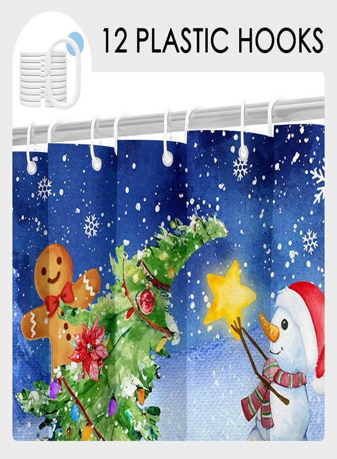 Mocsicka Christmas Shower Curtain Holiday Shower Curtain for Bathroom Cartoon Cute Pine Tree Snowman Happy New Year Gift Waterproof Washable Bathtub Decoration Set (Blue, 71x71inch) - Image 3