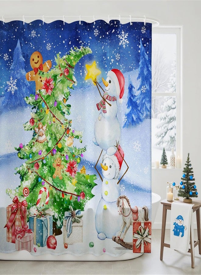 Mocsicka Christmas Shower Curtain Holiday Shower Curtain for Bathroom Cartoon Cute Pine Tree Snowman Happy New Year Gift Waterproof Washable Bathtub Decoration Set (Blue, 71x71inch) - Image 1