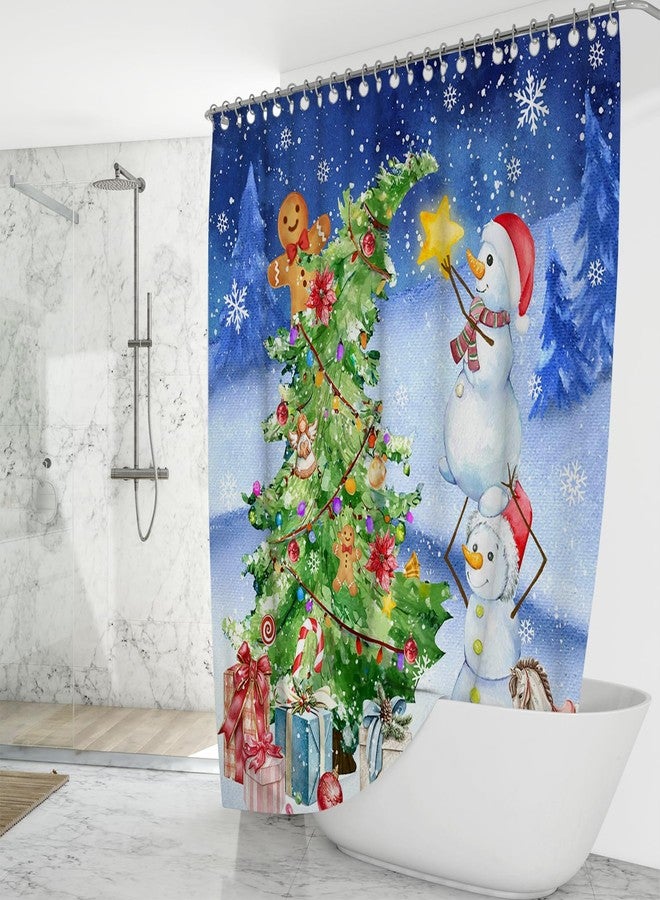 Mocsicka Christmas Shower Curtain Holiday Shower Curtain for Bathroom Cartoon Cute Pine Tree Snowman Happy New Year Gift Waterproof Washable Bathtub Decoration Set (Blue, 71x71inch) - Image 2