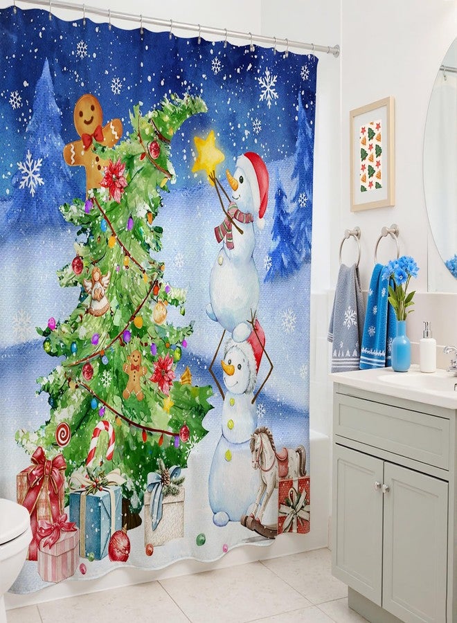 Mocsicka Christmas Shower Curtain Holiday Shower Curtain for Bathroom Cartoon Cute Pine Tree Snowman Happy New Year Gift Waterproof Washable Bathtub Decoration Set (Blue, 71x71inch) - Image 5