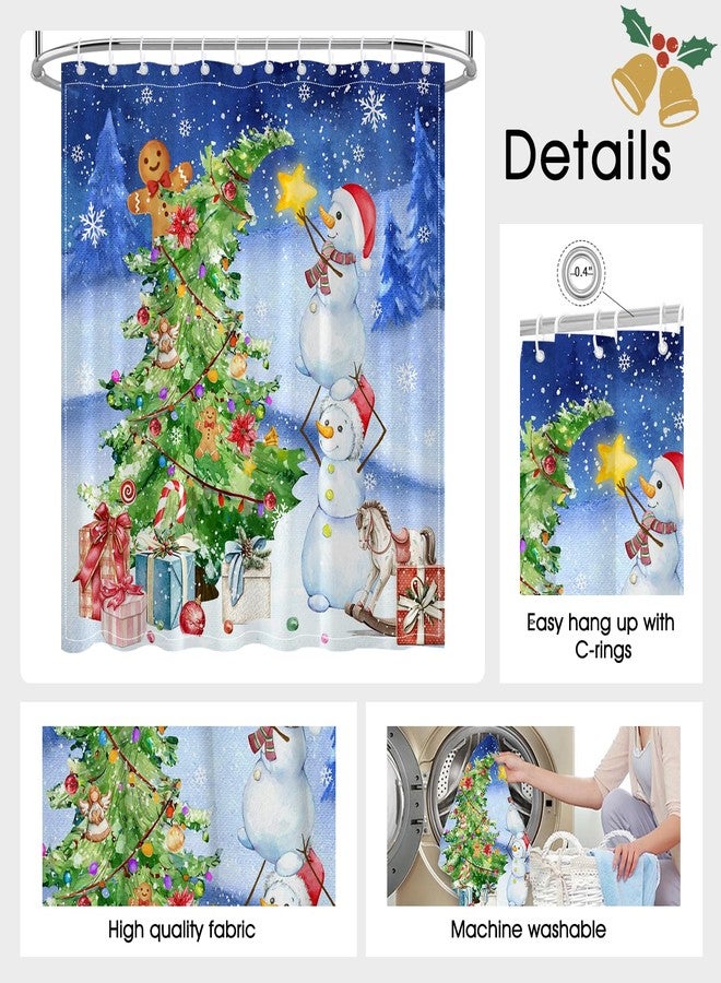 Mocsicka Christmas Shower Curtain Holiday Shower Curtain for Bathroom Cartoon Cute Pine Tree Snowman Happy New Year Gift Waterproof Washable Bathtub Decoration Set (Blue, 71x71inch) - Image 4
