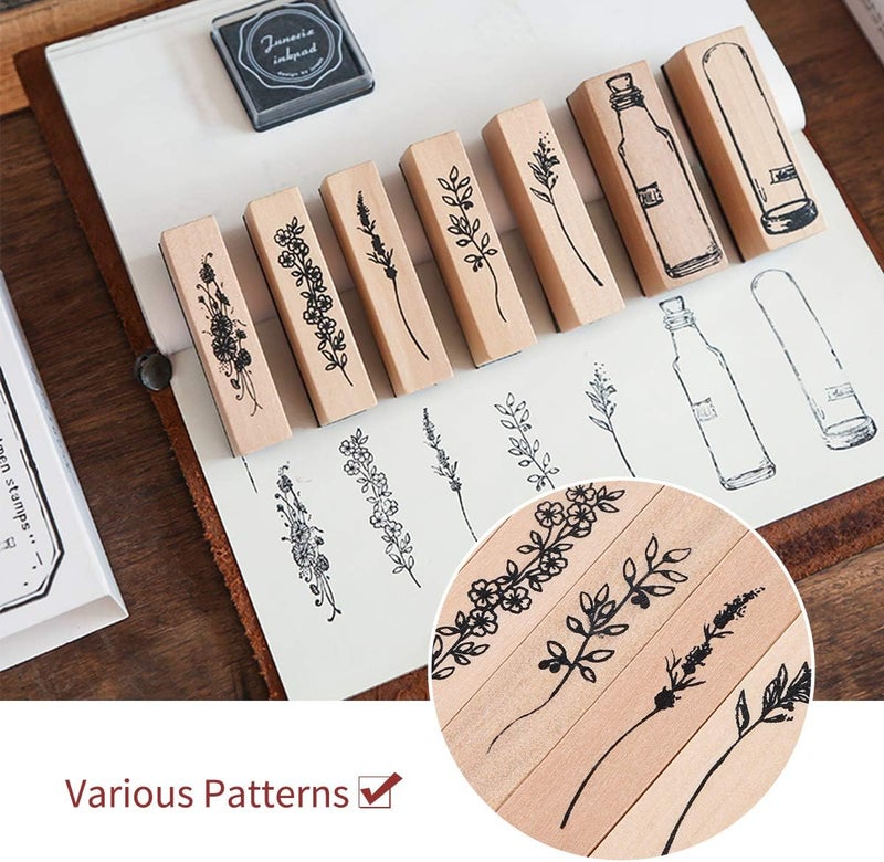 UCEC Wooden Plant Patterns Rubber Stamp, Plant and Flower Decorative Vintage Wooden Rubber Stamp Set for DIY Craft Card Scrapbooking Supplies Photo Album, Hand Book, Planner, Scrapbooking, 7Pcs - Image 3