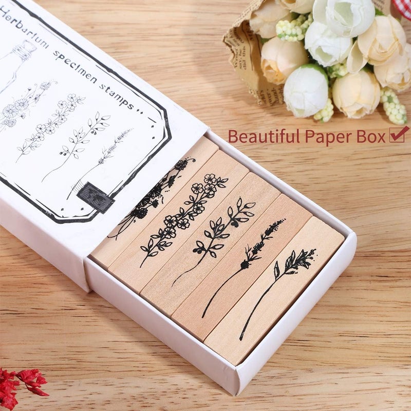 UCEC Wooden Plant Patterns Rubber Stamp, Plant and Flower Decorative Vintage Wooden Rubber Stamp Set for DIY Craft Card Scrapbooking Supplies Photo Album, Hand Book, Planner, Scrapbooking, 7Pcs - Image 5