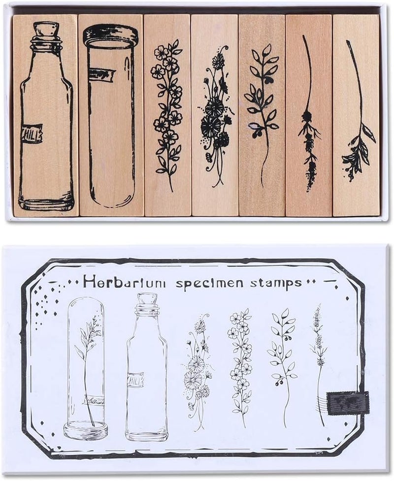 UCEC Wooden Plant Patterns Rubber Stamp, Plant and Flower Decorative Vintage Wooden Rubber Stamp Set for DIY Craft Card Scrapbooking Supplies Photo Album, Hand Book, Planner, Scrapbooking, 7Pcs - Image 1