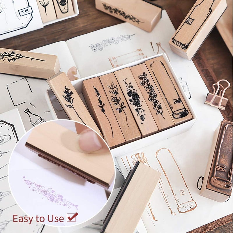 UCEC Wooden Plant Patterns Rubber Stamp, Plant and Flower Decorative Vintage Wooden Rubber Stamp Set for DIY Craft Card Scrapbooking Supplies Photo Album, Hand Book, Planner, Scrapbooking, 7Pcs - Image 4