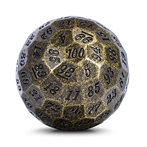 DNDND Old Brass D100 Dice Metal Single 100 Sided Polyhedral Dice with Metal Case and Velvet PouchOld Brass with Black Number - Image 1