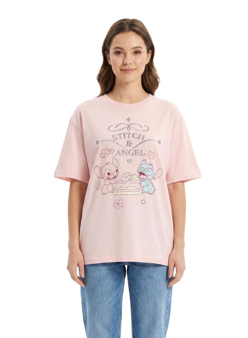 Disney Stitch & Angel Women’s Oversized Drop Shoulder Graphic T-Shirt – Casual Relaxed Fit Tee - Image 1