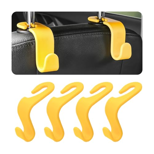 Hanemia 4PCS Car Back Seat Headrest Hooks Rear Car Seat Storage Headrest Hanger Holder Hooks Organizer Universal Auto Interior Accessories for Bag Purse Handbag Cloth Coats Grocery Yellow - Image 1