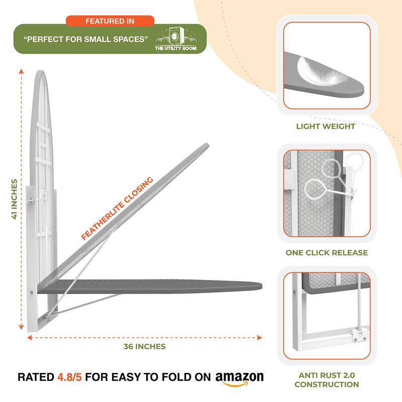 Xabitat Wall Mounted Ironing Board, 36.2" X 12.2" Compact Mount Fold Down Iron Board for Small Spaces, Space Saving with Cotton Fabric Cover, White and Grey - Image 4