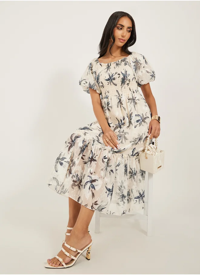 ستايلي Floral Print Smocked Balloon Sleeves A-Line Midi Dress