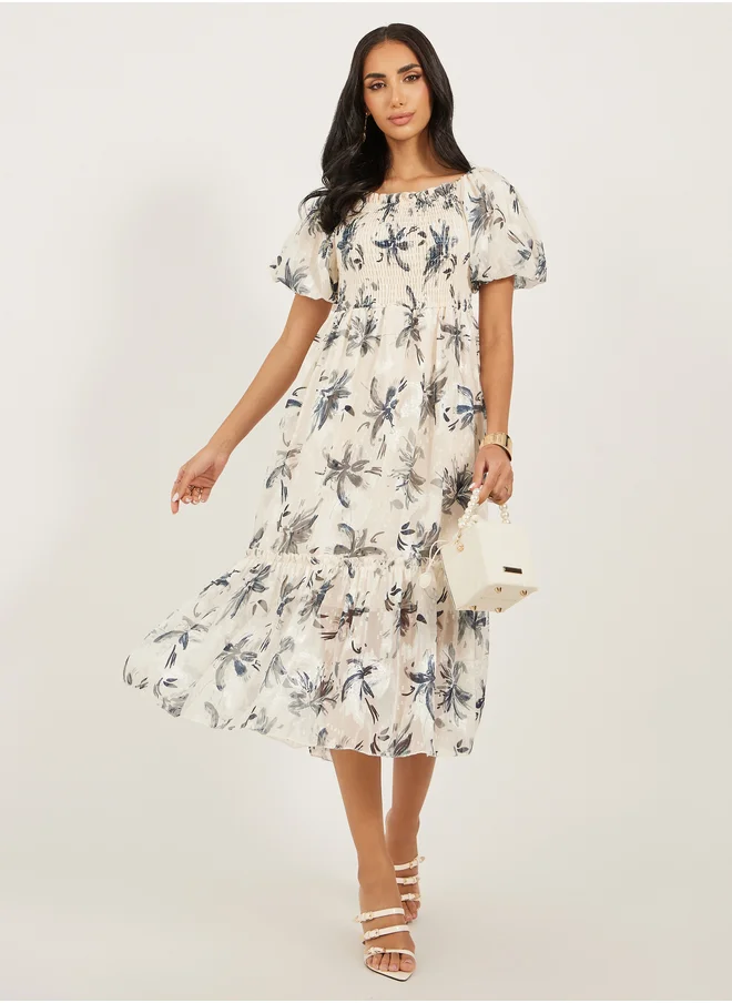 ستايلي Floral Print Smocked Balloon Sleeves A-Line Midi Dress