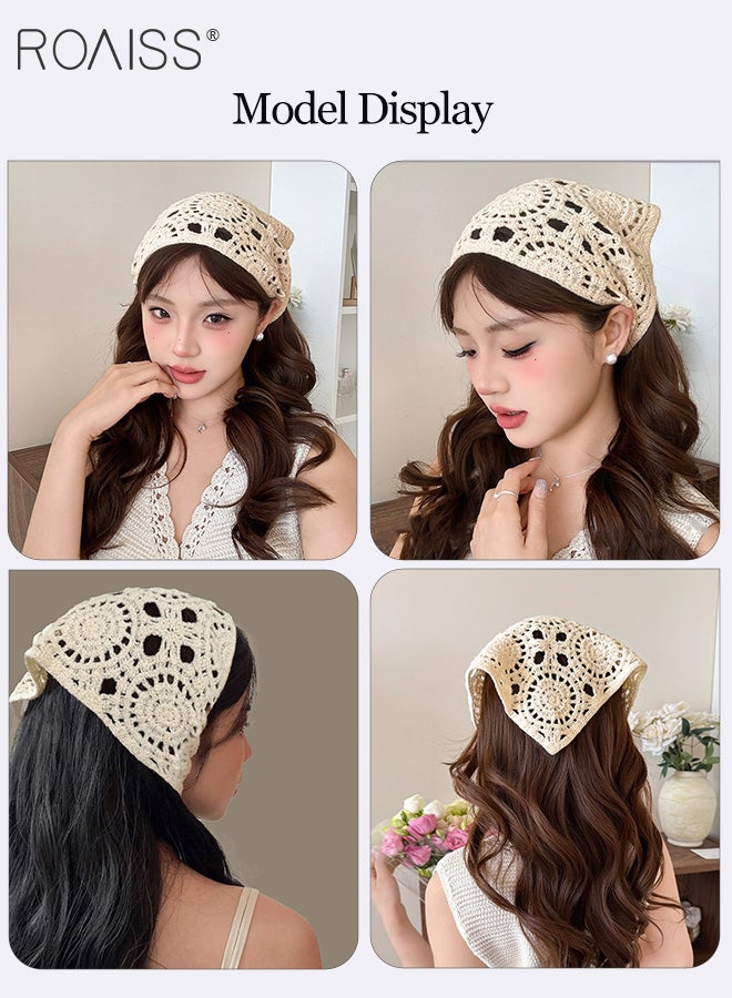 roaiss 4 Pcs Fresh and Sweet Knitted Headscarves, Vintage French Embroidered Headbands, Hand-crocheted Triangle Scarves, Hollow Strap Flower Hair Bands - Image 2